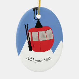 Retro Ski Lift Skiing Snow Mountain Illustration Ceramic Ornament