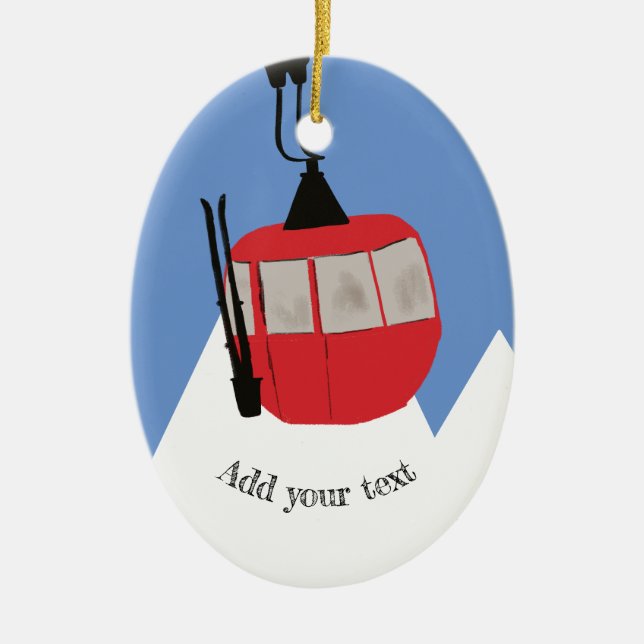 Retro Ski Lift Skiing Snow Mountain Illustration Ceramic Ornament (Front)