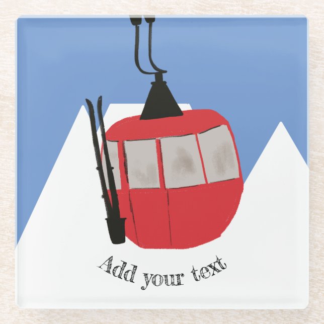 Retro Ski Lift Skiing Snow Mountain Illustration Glass Coaster (Front)