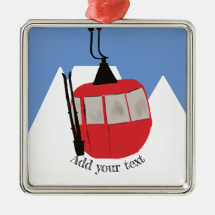 Retro Ski Lift Skiing Snow Mountain Illustration Metal Ornament