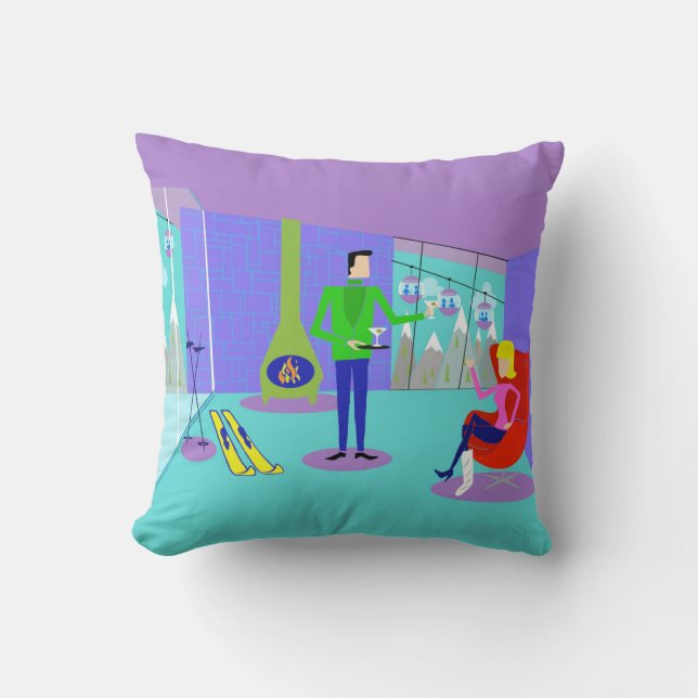 Retro Ski Vacation Throw Pillow (Front)