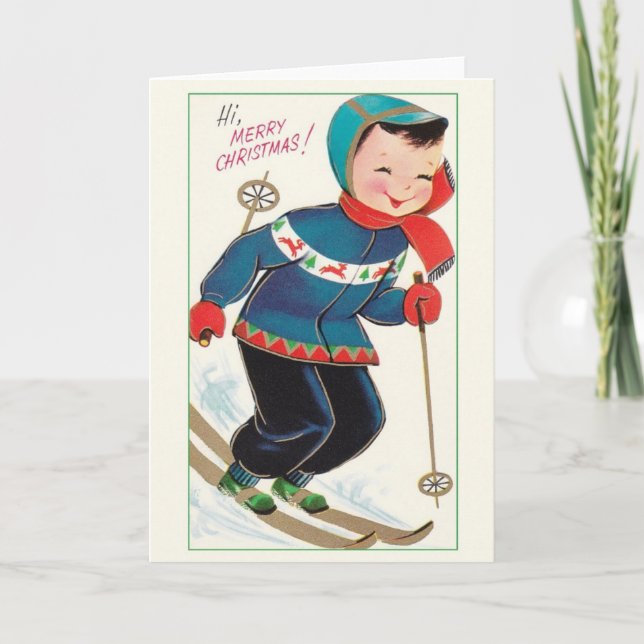 Retro Skier Christmas Greeting Card (Front)