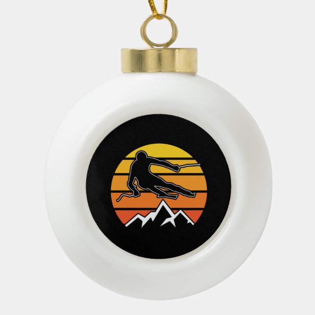Retro Skiing Ceramic Ball Christmas Ornament (Front)