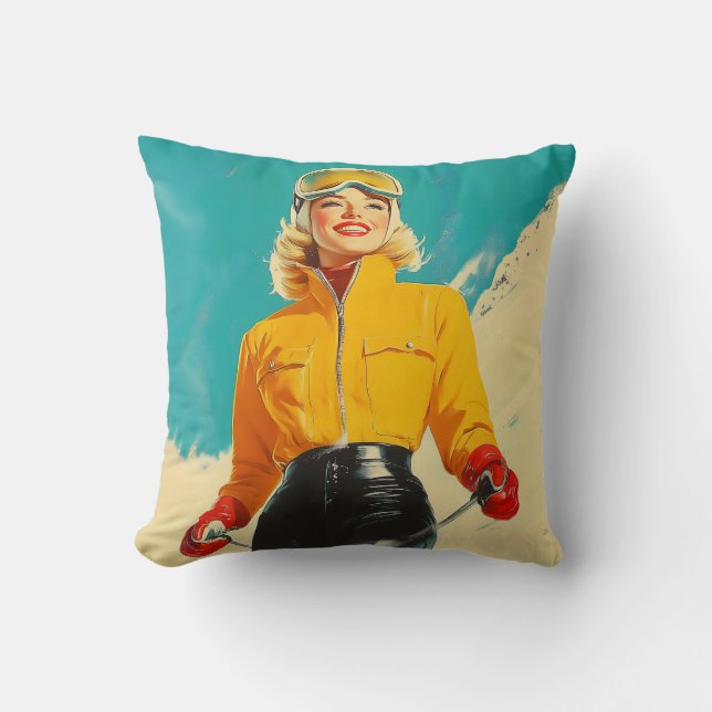 Retro Skiing Glamour Vintage Winter Adventure Cushion (Front)