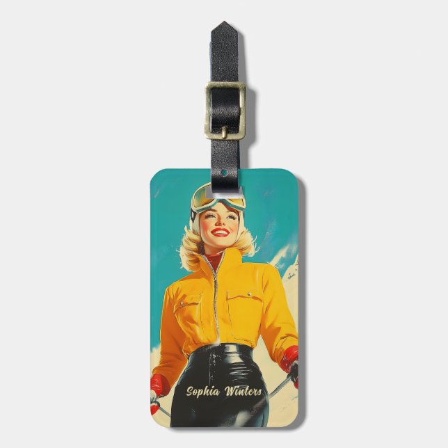 Retro Skiing Glamour Vintage Winter Adventure Luggage Tag (Front Vertical)