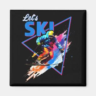 Retro skiing powder vintage ski color shred design magnet