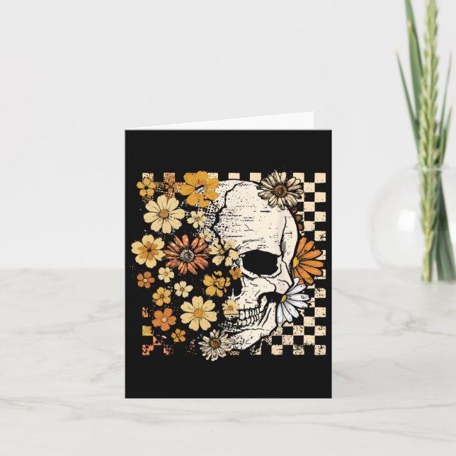 Retro Skull Skeleton Floral Fall Autumn Spooky Hal Card (Front)