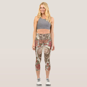 Retro Skulls and Roses Ornament Capri Leggings