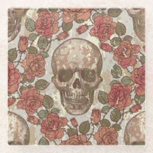 Retro Skulls and Roses Ornament Glass Coaster