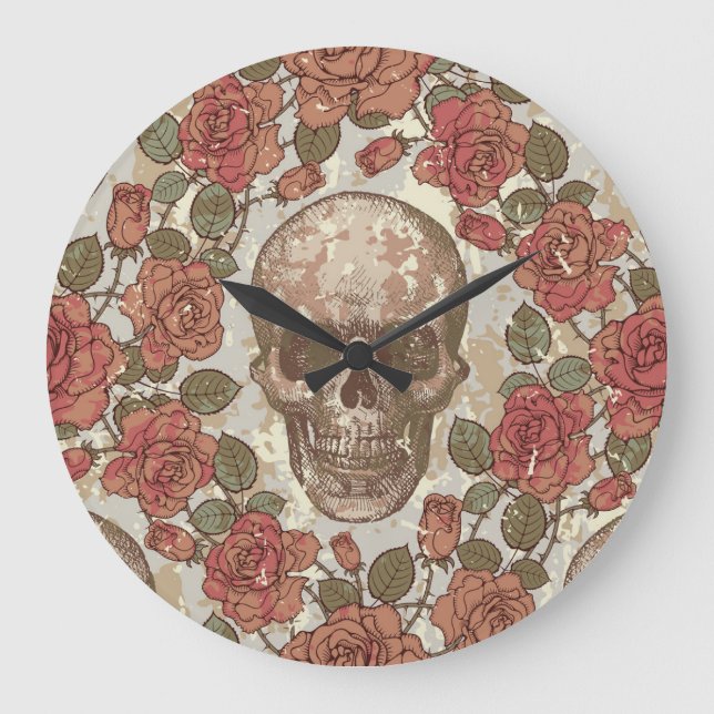 Retro Skulls and Roses Ornament Large Clock (Front)