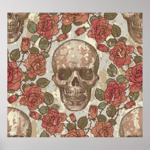 Retro Skulls and Roses Ornament Poster