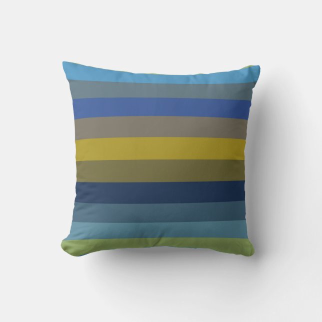 Retro Sky Blue & Mustard Horizontal Stripes  Cushion (Front)
