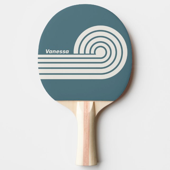 Retro Slate Grey Curl Stripes with Name Ping Pong Paddle (Front)
