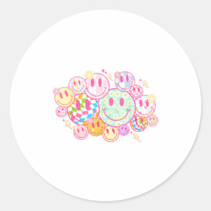 Retro Smile Face Flower Happy Face Checkered Patte Classic Round Sticker