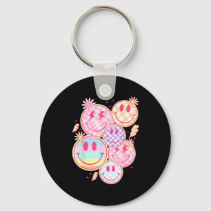 Retro Smile Face Flower Happy Face Checkered Patte Key Ring