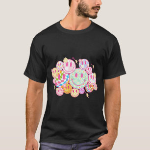 Retro Smile Face Flower Happy Face Checkered Patte T-Shirt