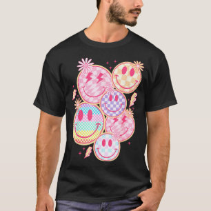 Retro Smile Face Flower Happy Face Checkered Patte T-Shirt