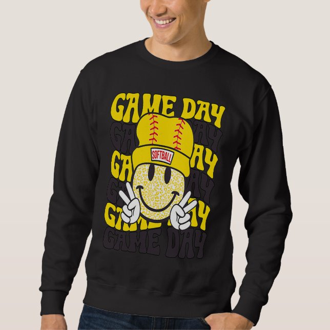 Retro Smile Face Softball Game Day Vibes Softball  Sweatshirt (Front)