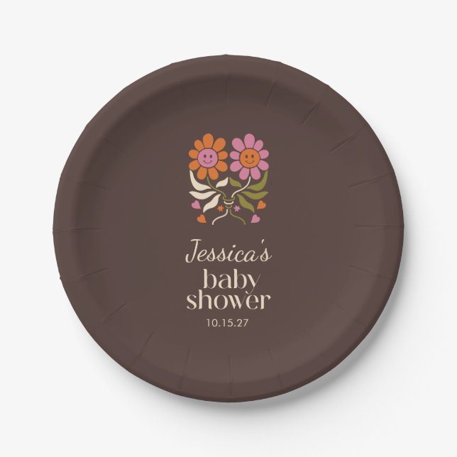 Retro Smile Flowers Personalised Baby Shower Brown Paper Plate (Front)