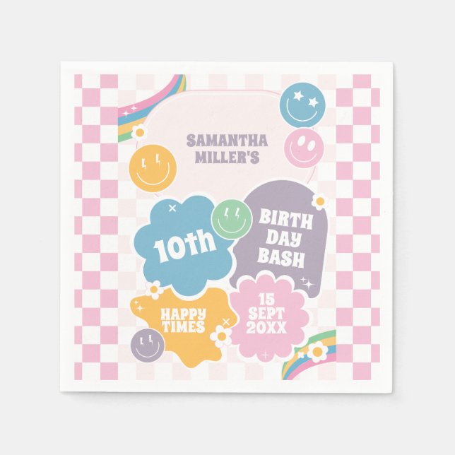 Retro Smiles Pastel Groovy Birthday  Napkin (Front)