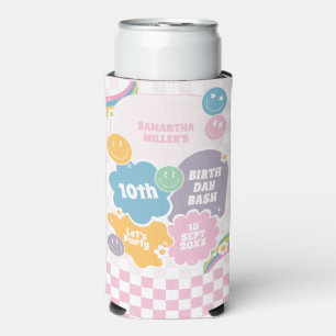 Retro Smiles Pastel Groovy Birthday Seltzer Can Cooler