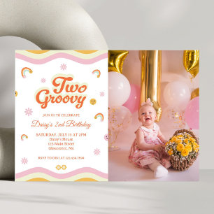 Retro Smiles Two Groovy 2nd Birthday Photo Invitation