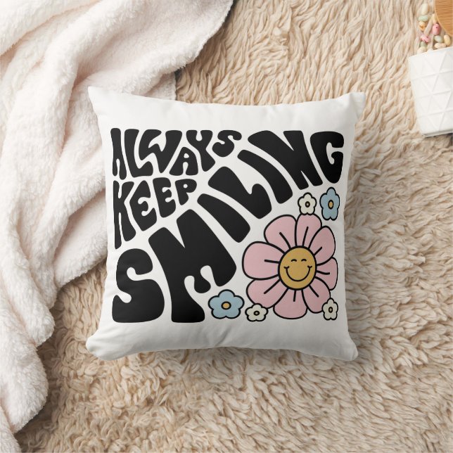 Retro Smiley Face Flower Positive Quote Cushion (Blanket)