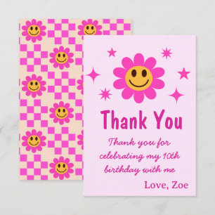 Retro Smiling Pink Flower Girl Birthday Thank You Card