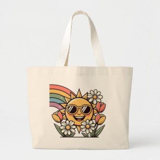 Retro Smiling Sun Rainbow Floral Vintage Design Large Tote Bag