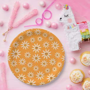 Retro Smiling white Flowers Pattern Paper Plate