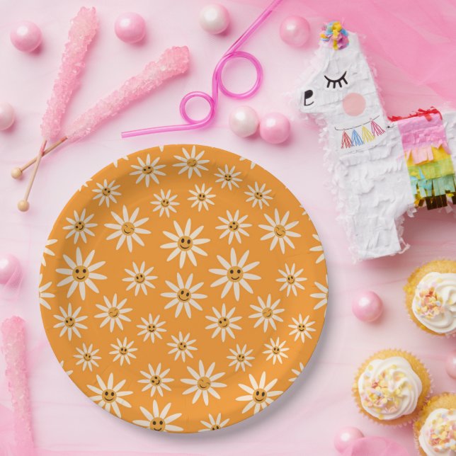 Retro Smiling white Flowers Pattern  Paper Plate (Party)