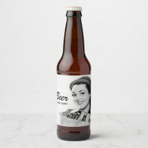 Retro Smiling Woman 1950's Holding Bag of Beer Bottle Label