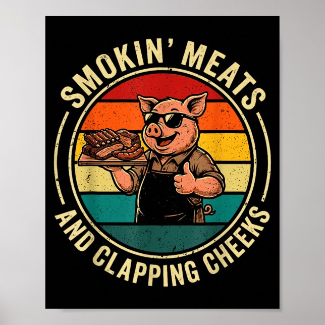 Retro smokin meats and clapping cheeks funny pig poster (Front)