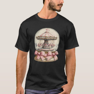 Retro Snow globe Carousel Pink Coquette Bow Christ T-Shirt