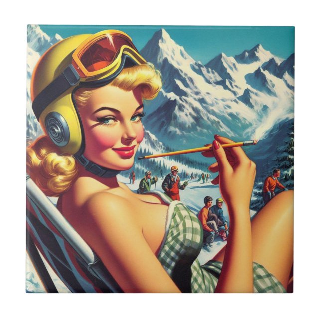 Retro Snowboard Girl Ceramic Tile (Front)