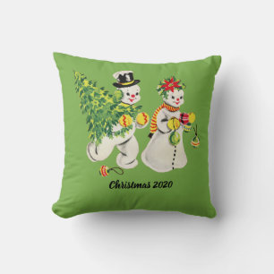 Retro Snowcouple on Green Background Cushion