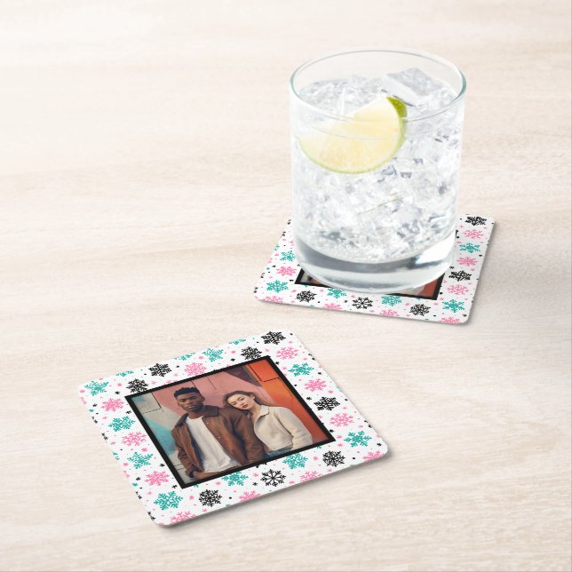 Retro Snowflakes Square Paper Coaster (Insitu)