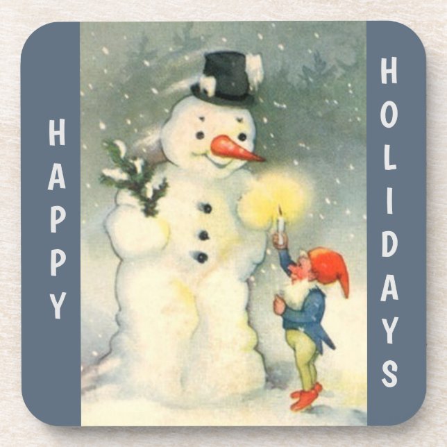 Retro Snowman and Elf Christmas Coaster (Front)