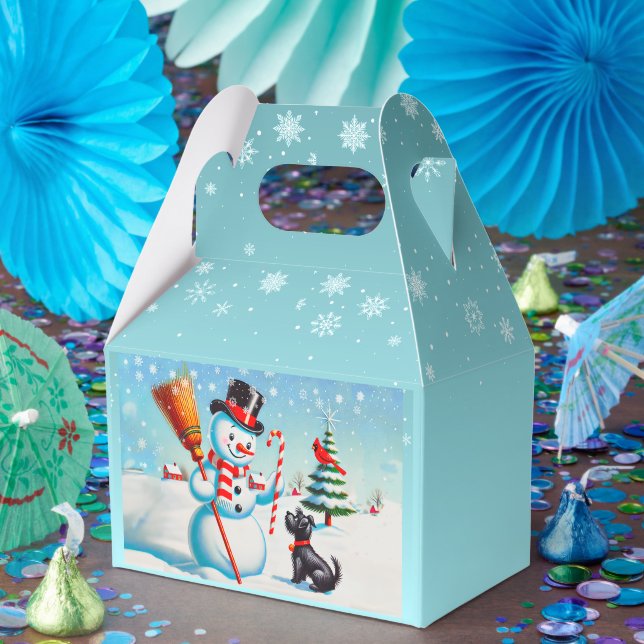 Retro Snowman, Cute Dog, Red Cardinal And Trees Favour Box (Party)