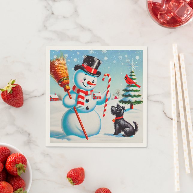 Retro Snowman, Cute Dog, Red Cardinal And Trees Napkin (Insitu)