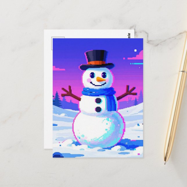 Retro Snowman Glitch Postcard (Front/Back In Situ)