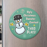 Retro Snowman Ugly Christmas Sweater Contest 3rd Magnet<br><div class="desc">These cute, retro snowman fridge magnets make the perfect prize for the winners of your Ugly Christmas Sweater Contest! They include a smiling vintage-looking snowman with mid-century modern icons and the words "Ugly Christmas Sweater Contest / Third Place!" You can also use the easy text field to customise the words...</div>