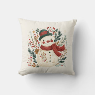 Retro Snowman with Green Hat and Red Scarf Cushion