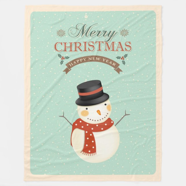 Retro Snowmen Happy New Year Merry Christmas Fleece Blanket (Front)