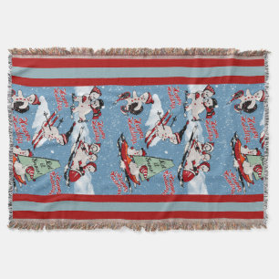 Retro Snowmen Winter Sports on Blue Throw Blanket