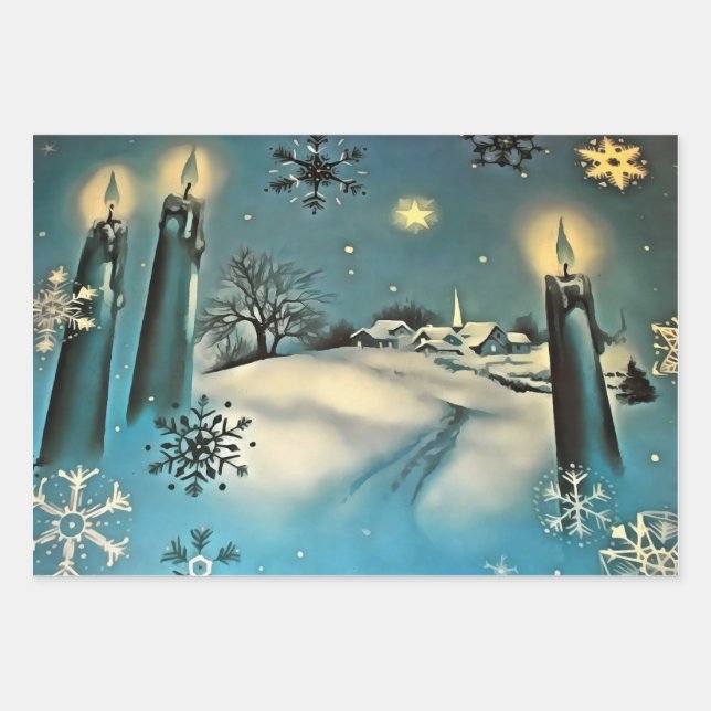 Retro Snowy Christmas Scene Wrapping Paper Sheet (Front 3)