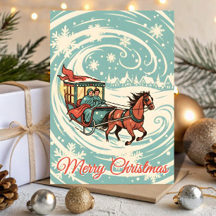 Retro Snowy Sleigh Ride Christmas Holiday Card