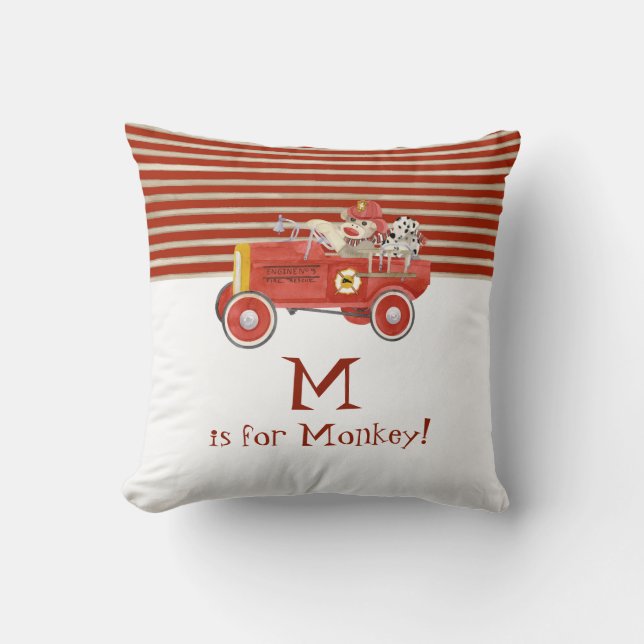 Retro Sock Monkey w Fire Engine Baby Boy Gifts Cushion (Front)