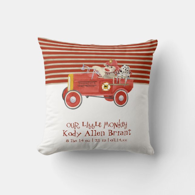 Retro Sock Monkey w Fire Engine Baby Boy Gifts Cushion (Front)