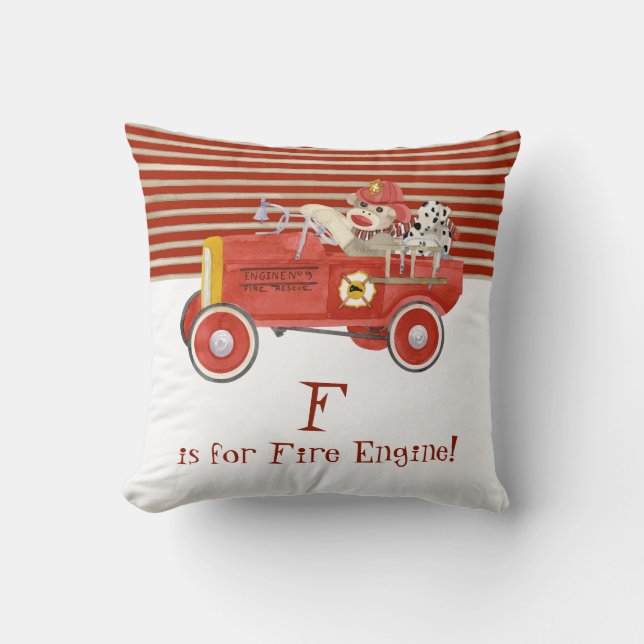 Retro Sock Monkey w Fire Engine Baby Boy Gifts Cushion (Front)